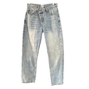 PRINCESS POLLY Sz 6 Trendy Asymmetric Straight Leg Lt Wash Oversized Denim Jeans